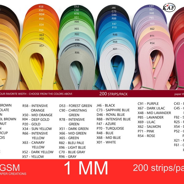 80gsm 1mm Paper Quilling Strips, 200 strips per package in 59 colors.  Listing for individual packages.