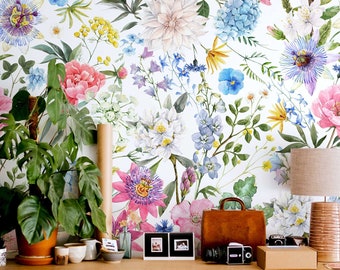 Summer Floral Wallpaper Peel and Stick | Watercolor Botanical Little Flower Wall Mural