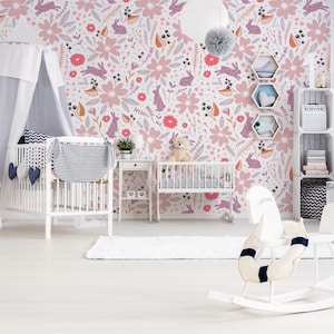 Rosa Hase Tapete: Blumen Kinderzimmer Wandbild (selbstklebend / vorgeklebt)