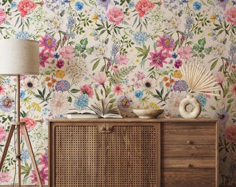 Peel and Stick Wallpaper | Summer Floral Botanical | Removable Wallpaper | English Garden Cottagecore | Maximalist Flower Wall Mural