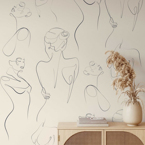 Papel pintado autoadhesivo de arte lineal de cuerpo femenino/decoración de pared extraíble/fácil instalación