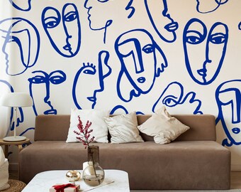 Mural abstracto de rostro femenino: Arte lineal minimalista y decorativo autoadhesivo.