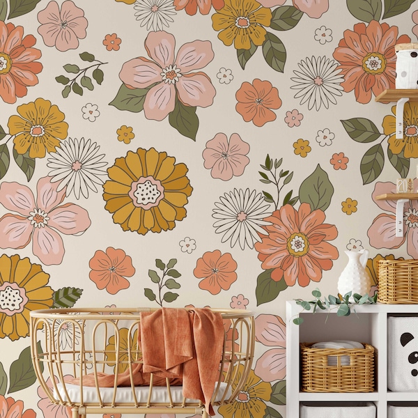 Groovy Boho Flower Peel and Stick Wallpaper - Retro Wall Decor For Kids Room