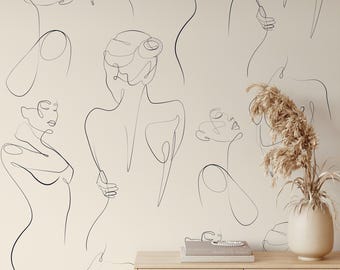 Peel and Stick Wallpaper | Female Line Art | Boho Bedroom Removable Wallpaper | Abstract Woman Figure | Minimalist Aesthetic Wall Mural