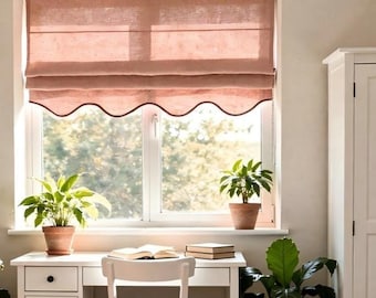 Cortina romana 100 % lino, disponible en más de 30 colores, con ribete de color, mecanismo de cadena en la parte inferior festoneada, tratamiento para ventanas, cortina romana plana hecha a medida.