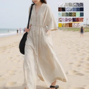 100%Linen/S-6XL or Custom/30+colors.Women’s maxi linen dress.V Neckline,3/4 Sleeve.vintage,Minimalist,maternity dress,plus size,gifts,boho.