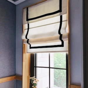 Cotton or linen Blend roman shade with Border trim ,chain mechanism, window treatment,custom made  relaxed roman shade