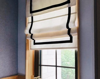 Cotton or linen Blend roman shade with Border trim ,chain mechanism, window treatment,custom made  relaxed roman shade