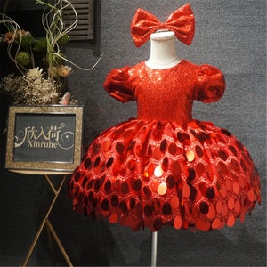 red sequin bubble toddler girls birthday party dresses ball gowns sparkly children frist birthsay dress celebration pageant dress headpiece