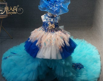 luxury green and blue crystal beading ruffle puffy ocean sea theme mermaid kids girls dresses celebration show dresses custom sweep train