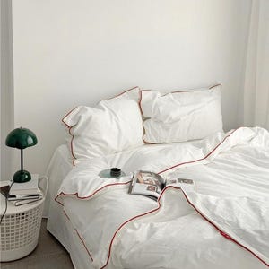 30+ colors ,True white Linen bedding set with colored piping ,linen duvet cover,Queen Duvet Cover include 2 pillowcases,custom made