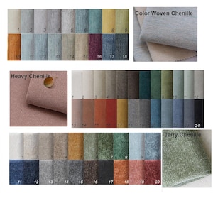 以下が含まれることがあります： さまざまな色とテクスチャの生地見本コレクション。画像には、「Color Woven Chenille」、「Heavy Chenille」、「Terry Chenille」とラベル付けされたサンプルが含まれています。サンプルは番号が付けられ、行に配置されており、さまざまな色合いを示しています。