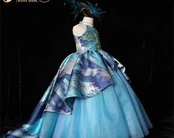 unique green and blue kid girls princess ball gowns for girls celebration birthday party gowns kid girls photography catwalk show dress