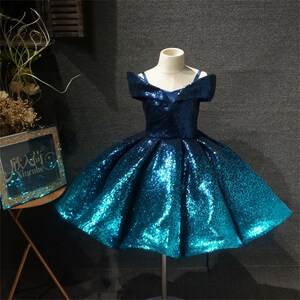 Sparkly Aquamarine Sequin Flower Girls Puffy Dresses Luxury Kid