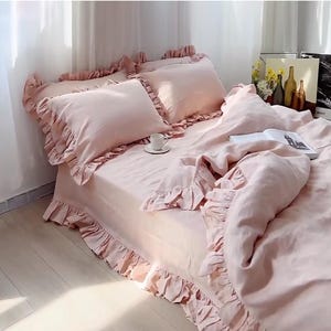 30+ colors ,Pink Linen bedding set with Ruffles,linen duvet cover,Queen Duvet Cover include 2 pillowcases,custom size available