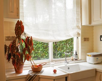Estor romano 100 % lino de color blanco con mecanismo de cadena, tratamiento para ventanas, estor romano relajado hecho a medida