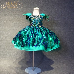 xinruhe luxury peacock green feather girls birthday party dress gowns puffy girls cap sleeve girl celebration dress gowns photo props gowns