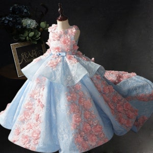 luxury 3d floral applique celebration dress girls blue pageant princess ball gown sleeveless stage show dress sweep train luxury party dress