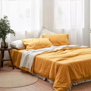 30+ colors ,Mustard color Linen bedding set, linen duvet cover, Queen Duvet Cover include 2 pillowcases, custom size available