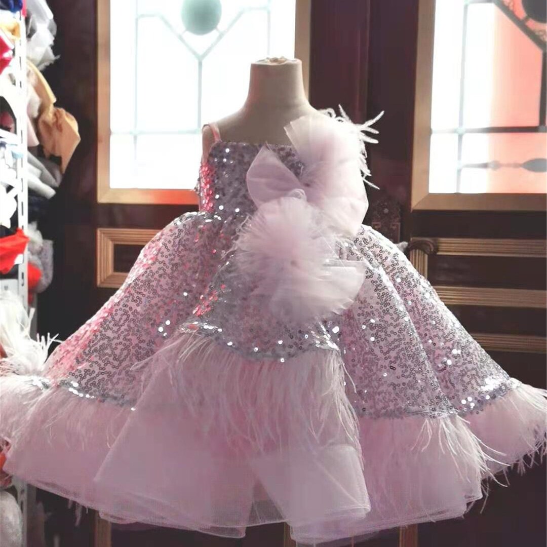 Puffy Sequin Feather Girls Birthday Party Dresses Pink Girls Etsy