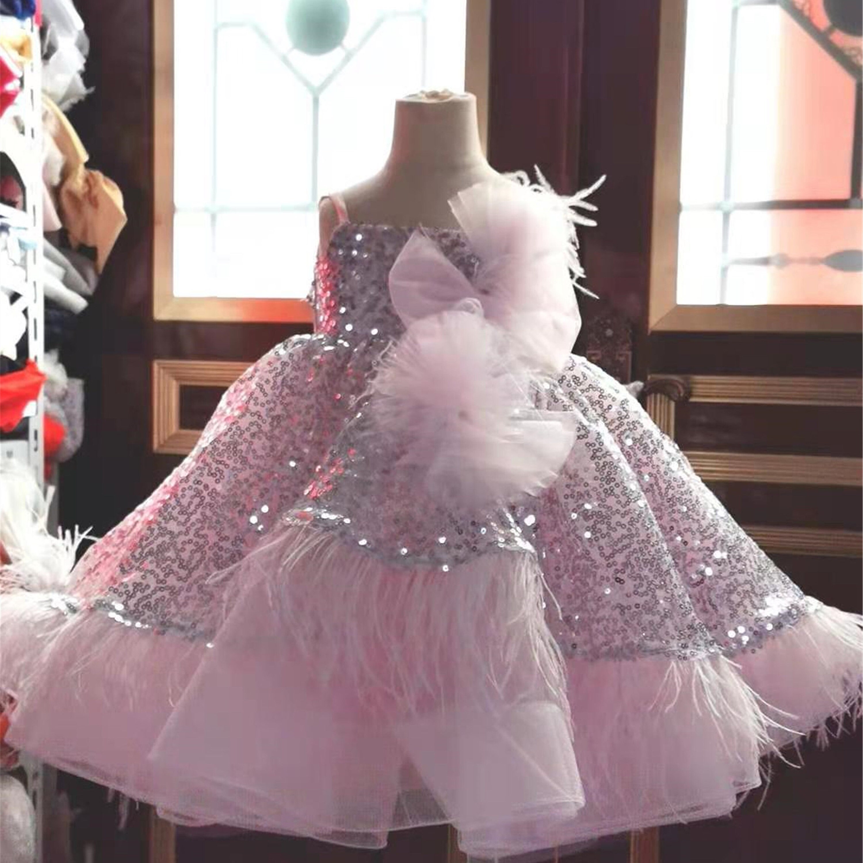 Puffy Sequin Feather Girls Birthday Party Dresses Pink Girls - Etsy