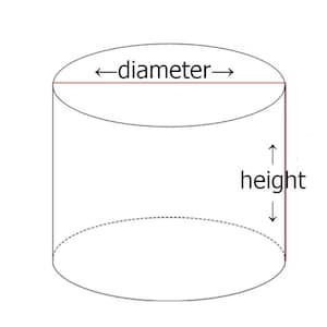 以下が含まれることがあります： 寸法が示された円柱の3Dイラスト。円柱の上部には水平矢印で「直径」と表示されています。側面には垂直矢印で「高さ」と表示されています。