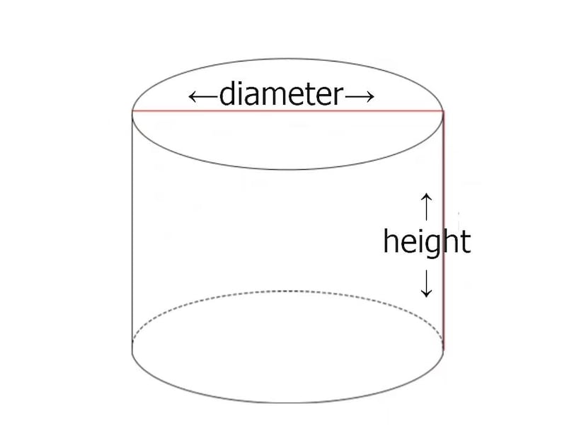 以下が含まれることがあります： 寸法が示された円柱の3Dイラスト。円柱の上部には水平矢印で「直径」と表示されています。側面には垂直矢印で「高さ」と表示されています。
