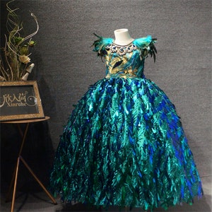 Kid Girls Peacock Embroidery Princess Ball Gowns Green Peacock Girls ...