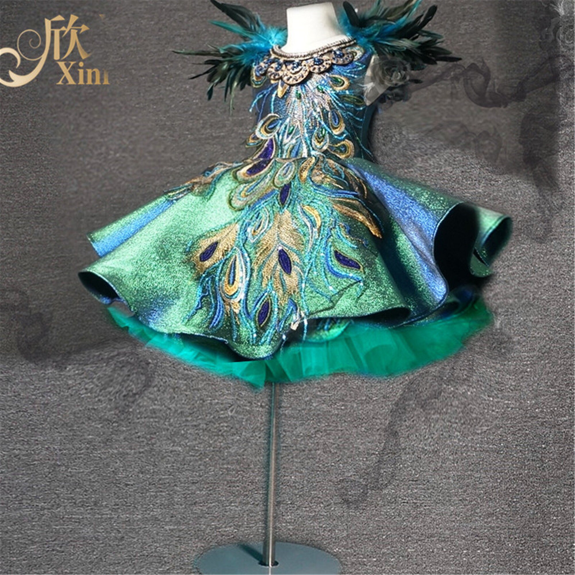 Green Lace Applique Peacock Feather Girl Birthday Party Tutu