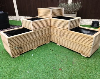 3 Tiered L Shape Deep Corner Garden Wooden Decking Planter