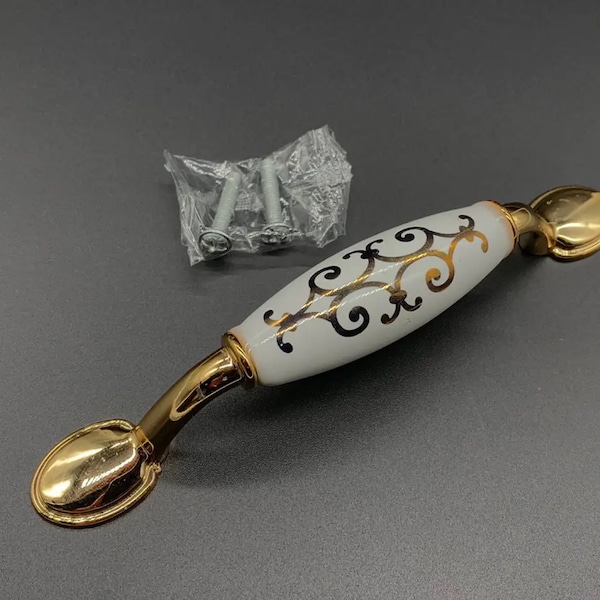 White-Gold Ceramic Handle Pull, Ceramic Drawer Door Handles, Kitchen handle, Porcelain pen, Knob Cabinet, Ceramic handle, Decorative handles