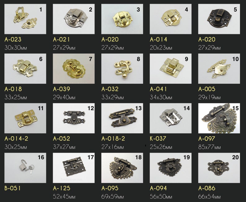 May include: Assortment of 20 antique-style brass and bronze cabinet hinges and latches. The hinges are various sizes and styles, with some featuring ornate designs. The latches are also various sizes and styles, with some featuring a keyhole.