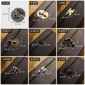 May include: A collection of nine metal box latches and clasps in various antique brass, gold, and silver tones. Each item is labeled with a code and includes visible metric measurements in millimeters, such as 40 mm by 40 mm or 25 mm by 38 mm.