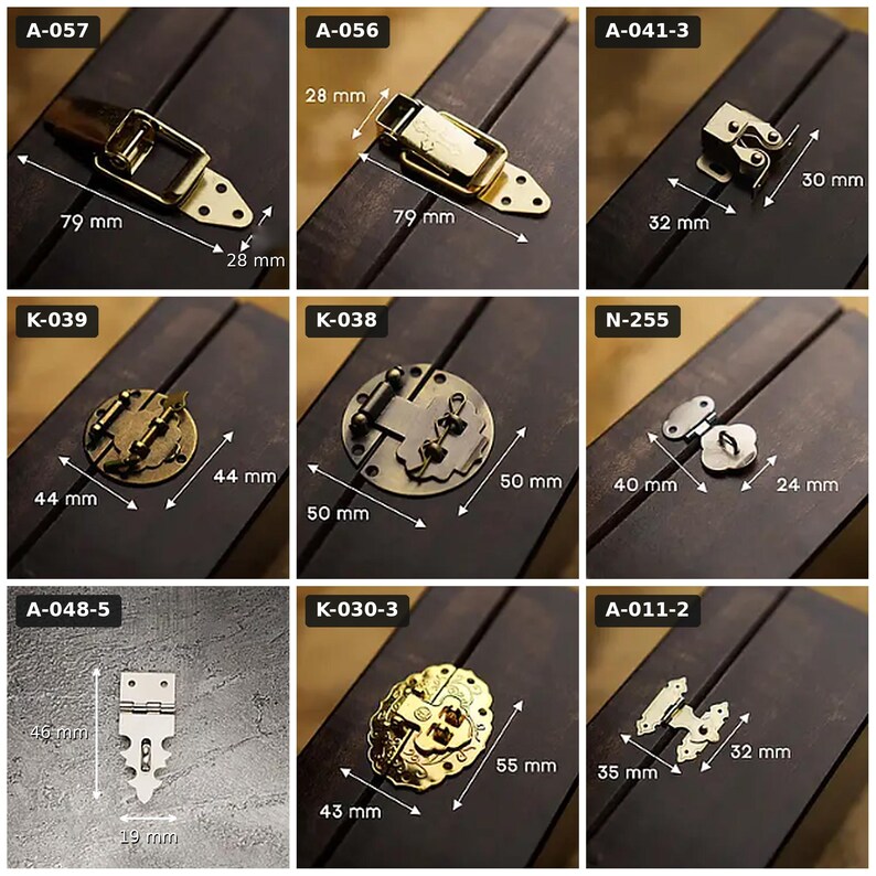 May include: A collection of nine metal box latches and hinges in various gold and bronze tones. Each item is labeled with a code like A-057 or K-039 and includes white arrows indicating dimensions in millimeters, such as 79 mm by 28 mm for the first latch.