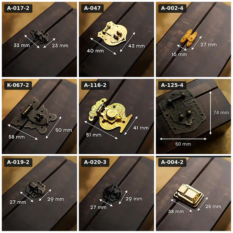 May include: A collection of nine metal box latches and hinges displayed on dark wood surfaces. Each item is labeled with a code and includes white arrows indicating dimensions in millimeters, such as 33 mm by 23 mm, 40 mm by 43 mm, and 60 mm by 74 mm.