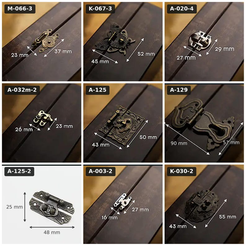 May include: A collection of eight bronze-toned metal box latches and hinges, each labeled with a code like M-066-3 or A-125-2. The hardware features various decorative shapes and sizes, with white arrows indicating dimensions in millimeters.
