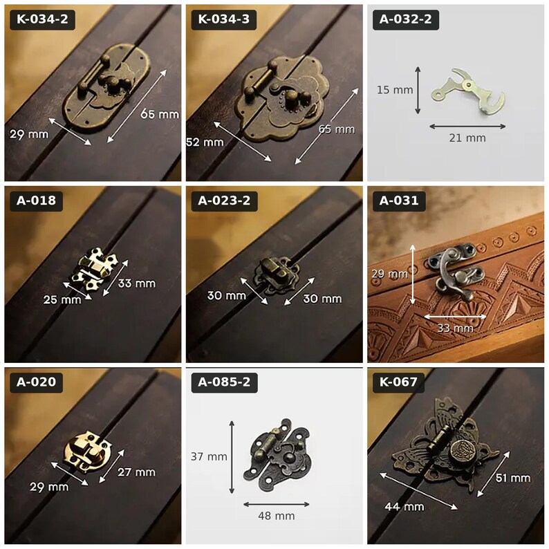May include: A collection of eight metal box latches and hinges in various shapes and antique bronze finishes. Each item is labeled with a code and includes visible metric measurements, such as 65 mm by 29 mm, 15 mm by 21 mm, and 37 mm by 48 mm.