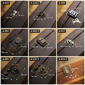 May include: A collection of nine metal box latches and locks displayed on wooden surfaces. Each item is labeled with a code and includes visible metric measurements in millimeters, such as 19mm by 24mm, 30mm by 30mm, 40mm by 27mm, 86mm by 65mm, 38mm by 25mm, 33mm by 23mm, 69mm by 59mm, 74mm by 60mm, and 30mm by 24mm. The hardware features various finishes including brass, bronze, and silver tones.