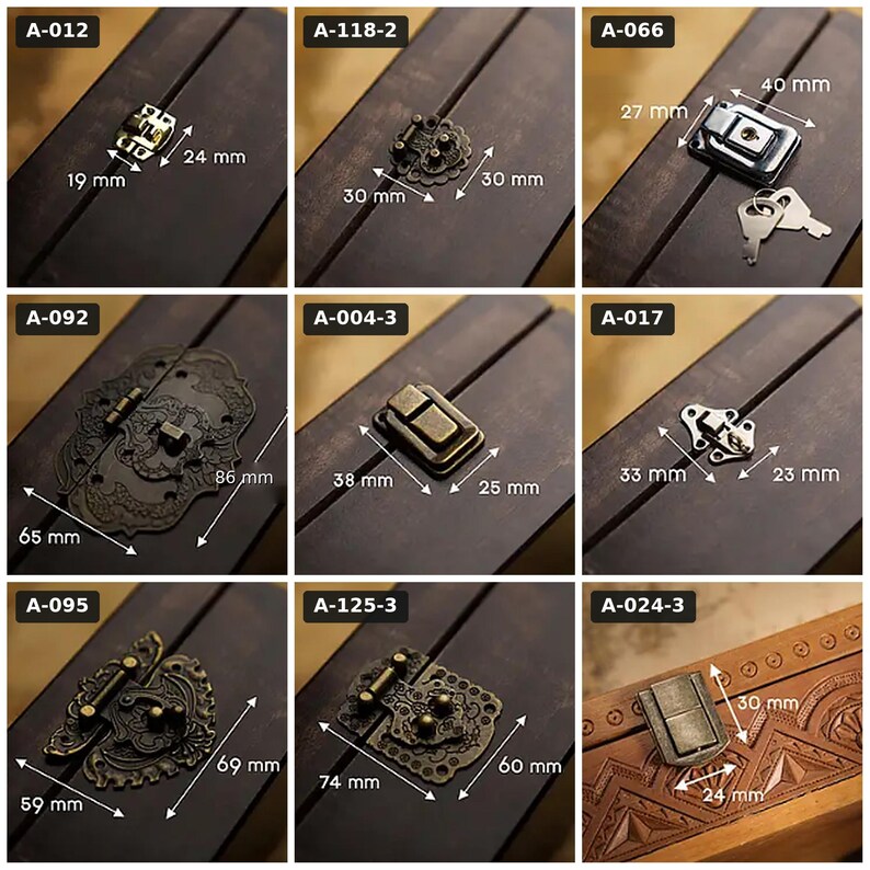 May include: A collection of nine metal box latches and locks displayed on wooden surfaces. Each item is labeled with a code and includes visible metric measurements in millimeters, such as 19mm by 24mm, 30mm by 30mm, 40mm by 27mm, 86mm by 65mm, 38mm by 25mm, 33mm by 23mm, 69mm by 59mm, 74mm by 60mm, and 30mm by 24mm. The hardware features various finishes including brass, bronze, and silver tones.