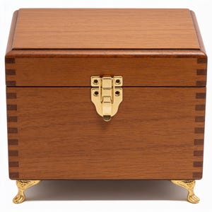 May include: A rectangular wooden box with a medium brown wood grain finish, featuring visible finger joint construction on the corners. The box has a polished gold-tone metal latch on the front and stands on four ornate gold-tone metal claw feet.