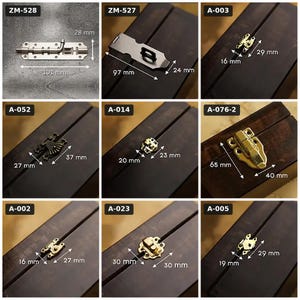 May include: A collection of nine metal hardware latches and fasteners for boxes or doors, labeled with codes ZM-528, ZM-527, A-003, A-052, A-014, A-076-2, A-002, A-023, and A-005. Each item displays specific dimensions in millimeters, ranging from 16mm to 101mm.
