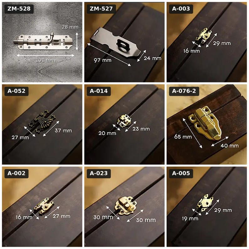 May include: A collection of nine metal hardware latches and fasteners for boxes or doors, labeled with codes ZM-528, ZM-527, A-003, A-052, A-014, A-076-2, A-002, A-023, and A-005. Each item displays specific dimensions in millimeters, ranging from 16mm to 101mm.