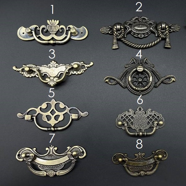 Vintage furniture hardware pulls, antique metal drawer pulls, old style drawer pulls, metal old fashioned cabinet pulls, chest drawer pulls