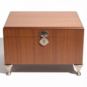 May include: A rectangular wooden box with a medium brown wood grain finish. The box features a silver-toned metal latch on the front and is supported by four ornate, silver-toned metal feet with a claw-like design at the base of the box.