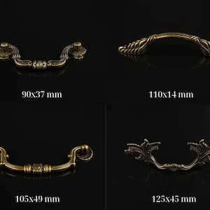 May include: Four antique brass drawer pulls with ornate designs are displayed against a black background. Each pull has a different style, with measurements of 90x37 mm, 110x14 mm, 105x49 mm, and 125x45 mm. These decorative handles are ideal for furniture restoration.
