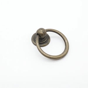 May include: A bronze ring pull cabinet handle with a round knob. The handle is made of metal and has a smooth finish.
