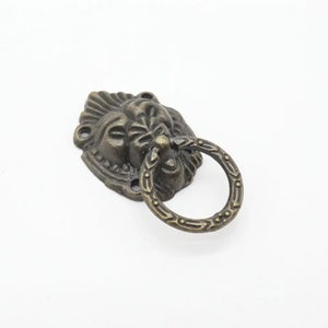 May include: A bronze lion head drawer pull with a ring handle. The lion's face is detailed with a mane and a textured surface.