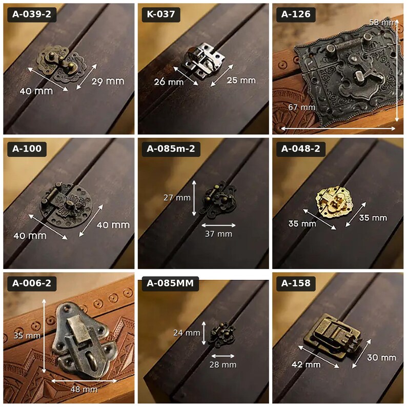 May include: A collection of nine metal box latches and clasps in various antique bronze, silver, and gold finishes. Each item is labeled with a code and includes dimensions in millimeters, such as 40 mm by 29 mm, 26 mm by 25 mm, and 67 mm by 58 mm.