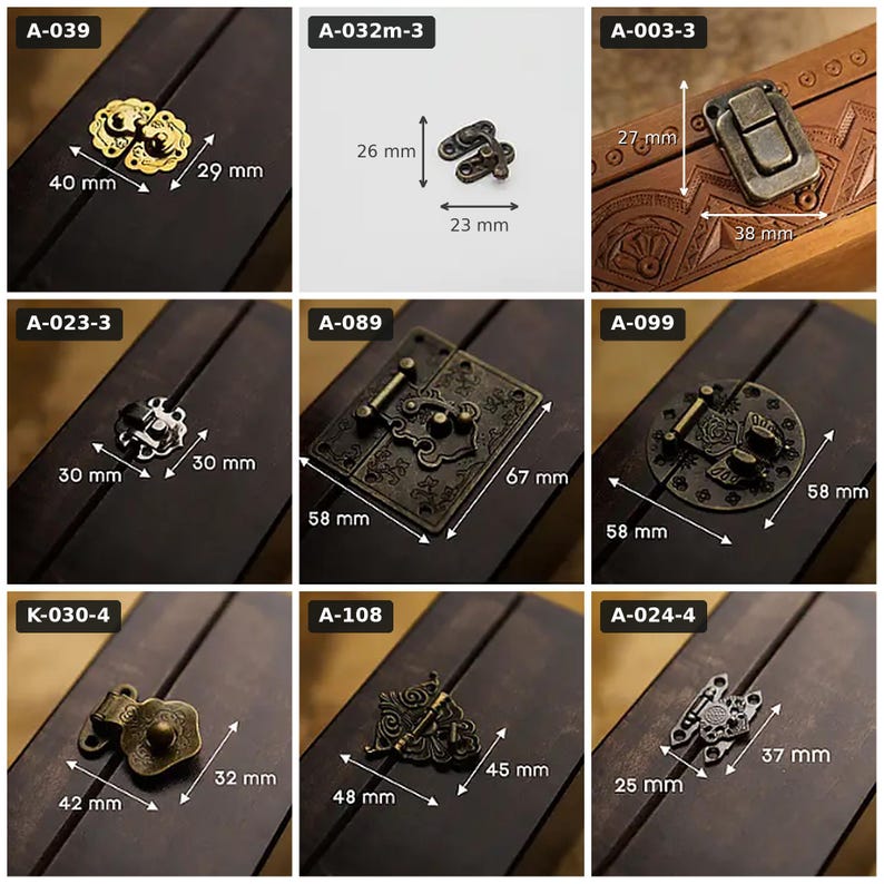 May include: A collection of nine metal box latches and clasps in various antique bronze and gold finishes. Each item is labeled with a code and includes visible metric measurements in millimeters, showing dimensions for hardware like A-039, A-032m-3, A-003-3, A-023-3, A-089, A-099, K-030-4, A-108, and A-024-4.