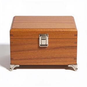 May include: A rectangular wooden box with a medium brown grain finish, featuring a silver-toned metal latch on the front center and four ornate, silver-colored metal feet at the base. The box has visible joinery details on the corners.
